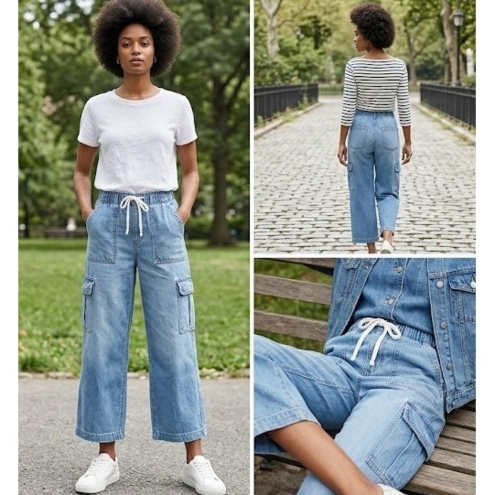 Gap Cargo Jeans Womens PM Blue Denim Drawstring‎ Waist Utility Pocket Outdoor